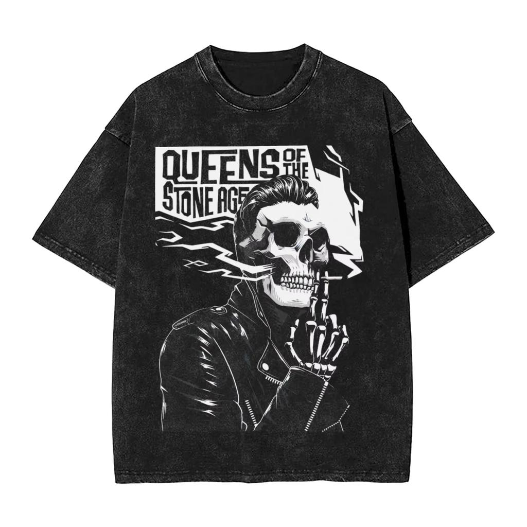 Retro Queen of The Stone Age Band Men's T Shirt Washed Humor Tees Short Sleeve Round Collar T-Shirt Pure Cotton Clothes
