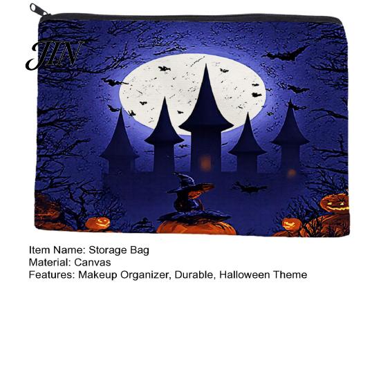 Dark Theme Zipper Bag Storage Bag, with Halloween Witch Castle Print, Large Wear-Resistant Makeup Pouch Capacity Canvas Cosmetic Organizer, for Travel