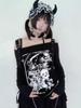 Готический панк Y2k принтованный топ с длинным рукавом горячая девушка эстетика открытые плечи сексуальная свободная футболка японский шнурок повседневная одежда осень