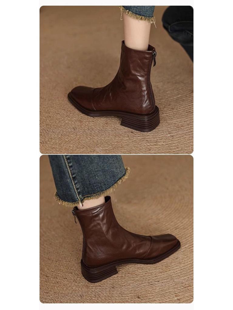 Lambskin Slimming Ankle Boots 2025: Women's Mid-Heel Vintage Martin Boots, Black Square Toe, Autumn/Winter Collection.