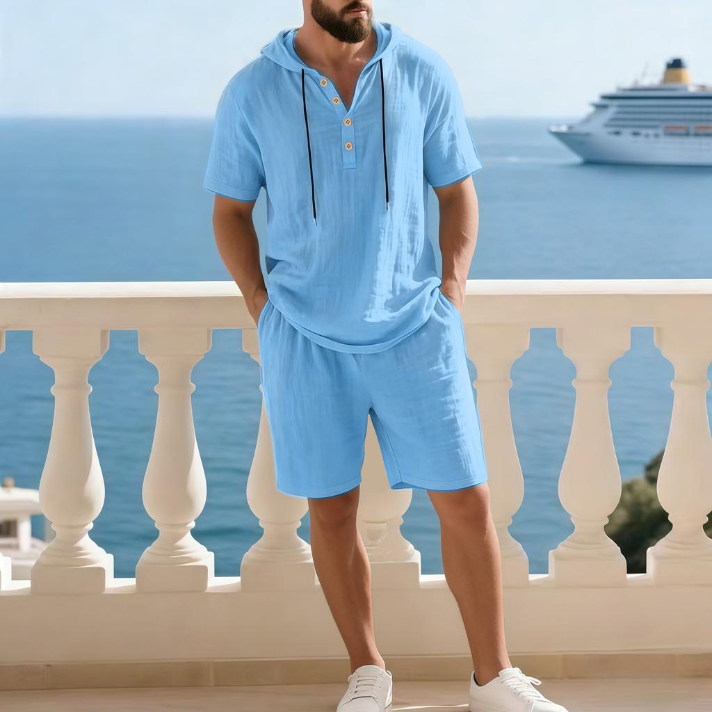 Men Solid Color Loose Hooded Short Sleeve Shorts Casual Two Piece Set