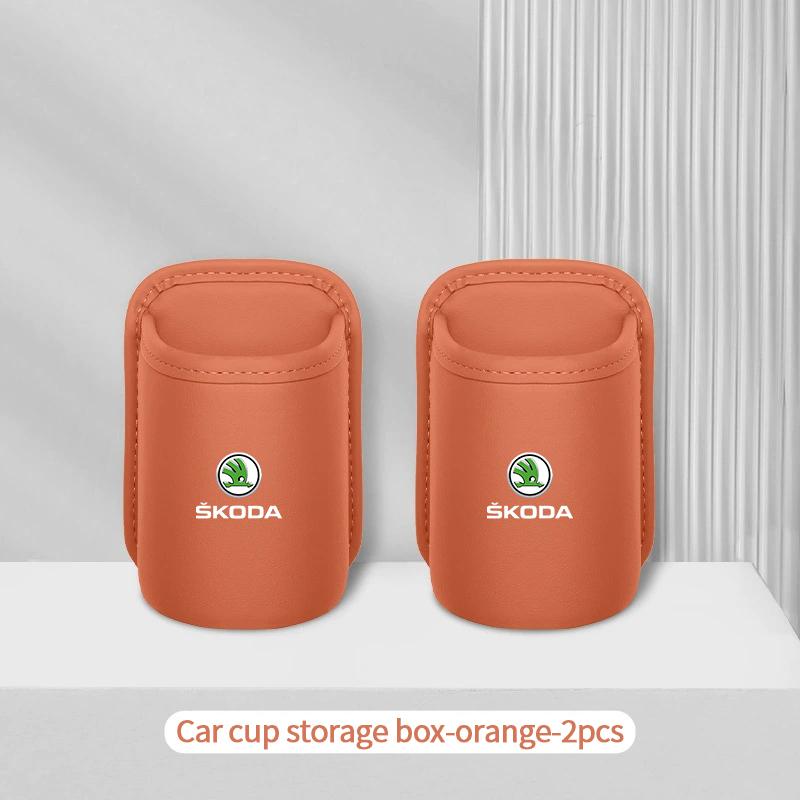 HIAQ2 Leather Car Door Side Water Cup Holder Interior Storage Box For Skoda Superb Octavia Rapid Karoq Enyaq Fabia Kamiq Yeti Scala