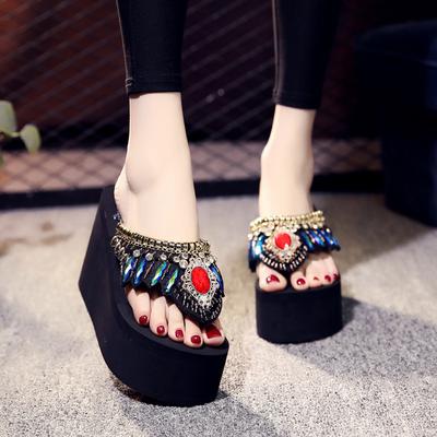 11 см высокие каблуки тапочки женские летние модные шлепанцы на платформе танкетке нескользящие шлепанцы