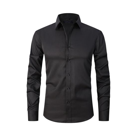 Men Spring Fall Dress Shirt Turn-down Collar Slim Fit Single-breasted Long Sleeves Pure Color Mid Length Young Formal Business Event Office Top