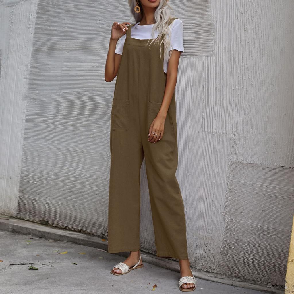 Женская мода, летние брюки-комбинезон из хлопка и льна, свободный повседневный комбинезон с карманами