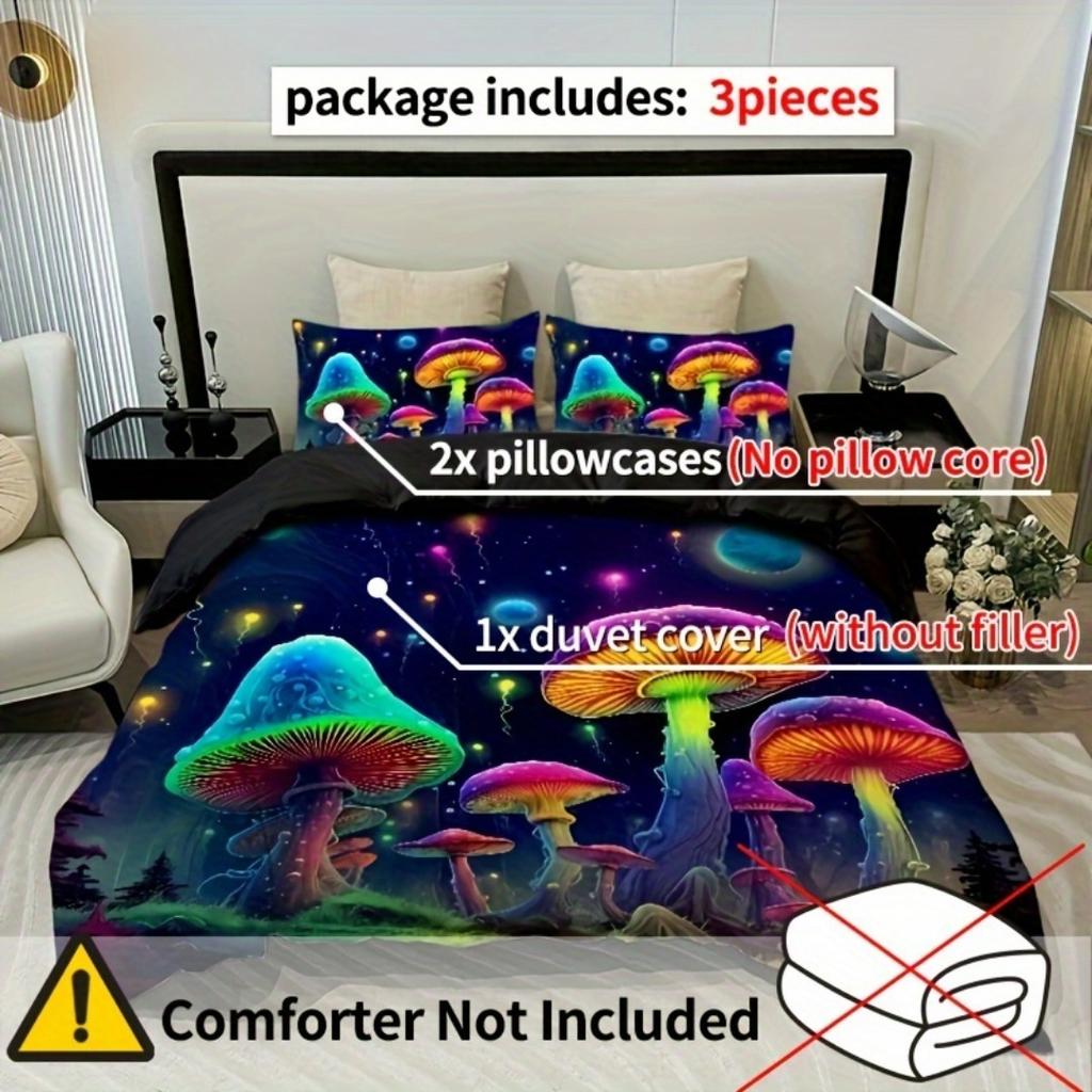 3pcs Colored Mushrooms 3D Printed Bedding Set Cozy Comfortable Duvet Cover King Queen Twin Size Birthday Gift Bedroom Decoration