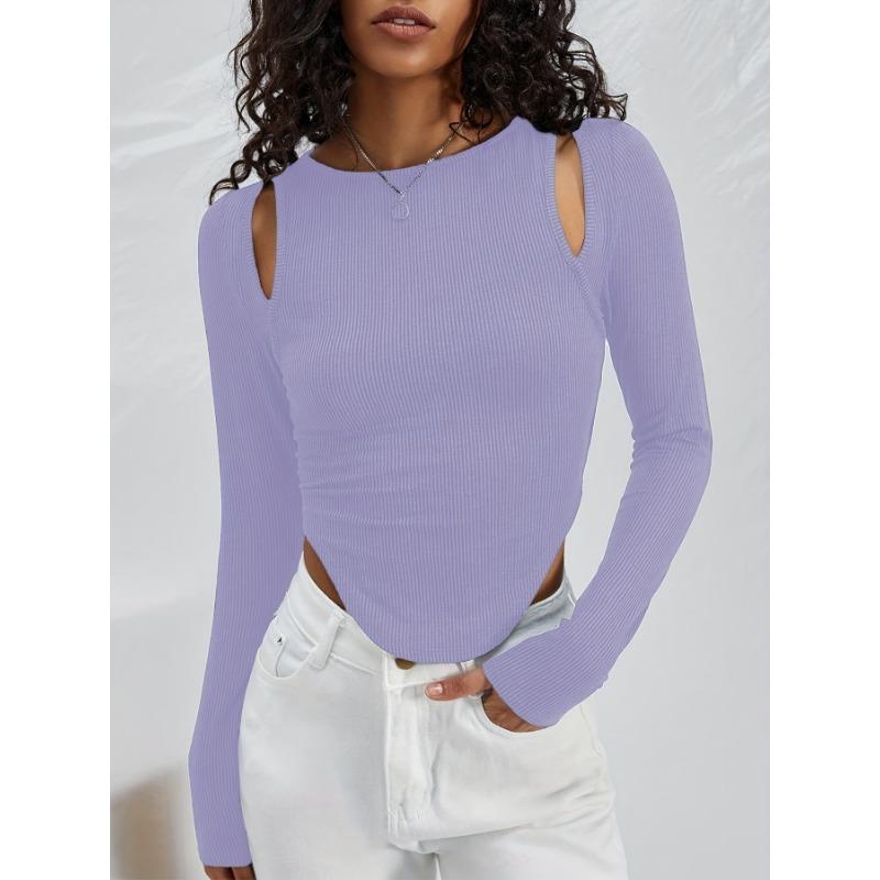 Весна и осень женский полый нерегулярный круглый вырез вязаный сексуальный модный топ с длинными рукавами