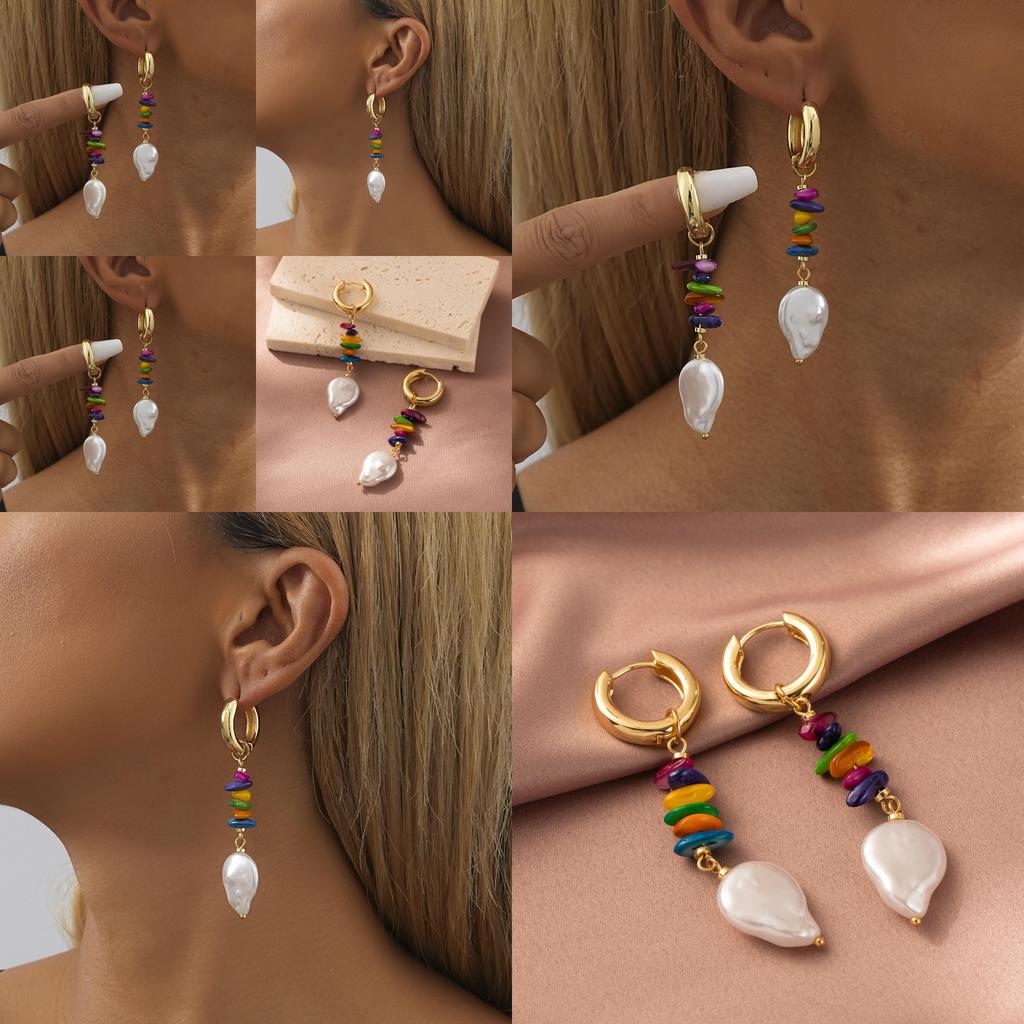 Fashionable Geometric Earrings With Colorful Stones And Imitation Pearls For Women