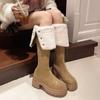 Теплые бархатные сапоги в стиле ретро, с двумя складками, зимние замшевые сапоги на толстой подошве в корейском стиле, высокие сапоги до колена на среднем каблуке