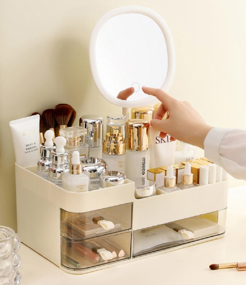 Шикарный косметический органайзер в стиле ящика с зеркалом - Портативная коробка для хранения макияжа для ухода за кожей, помады и многого другого