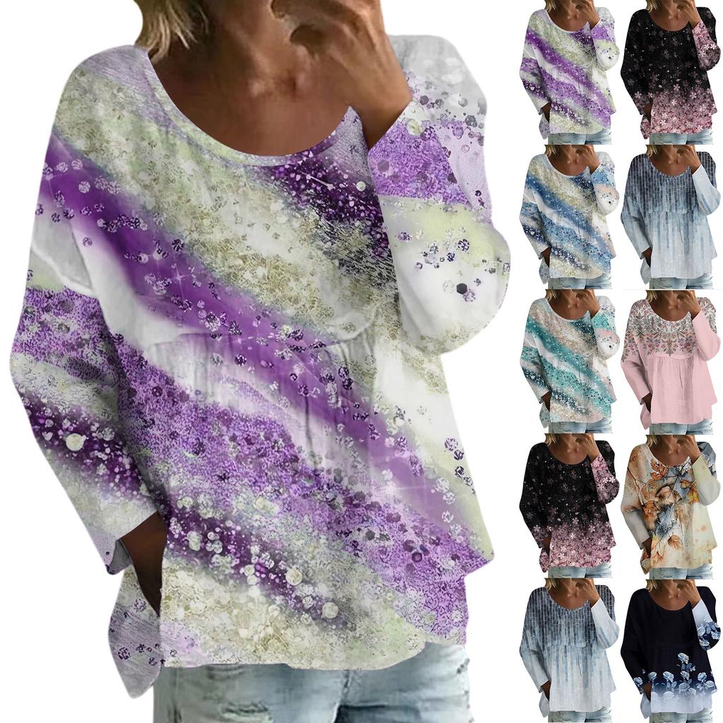 Women's Casual Fashion Loose Round Neck Floral Print Long Sleeve Top