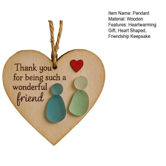 Friendship Heart Keepsake Wooden Heart Pendant Handmade Sea Glass Art Hanging Decoration with Warm Message Gift for Friends