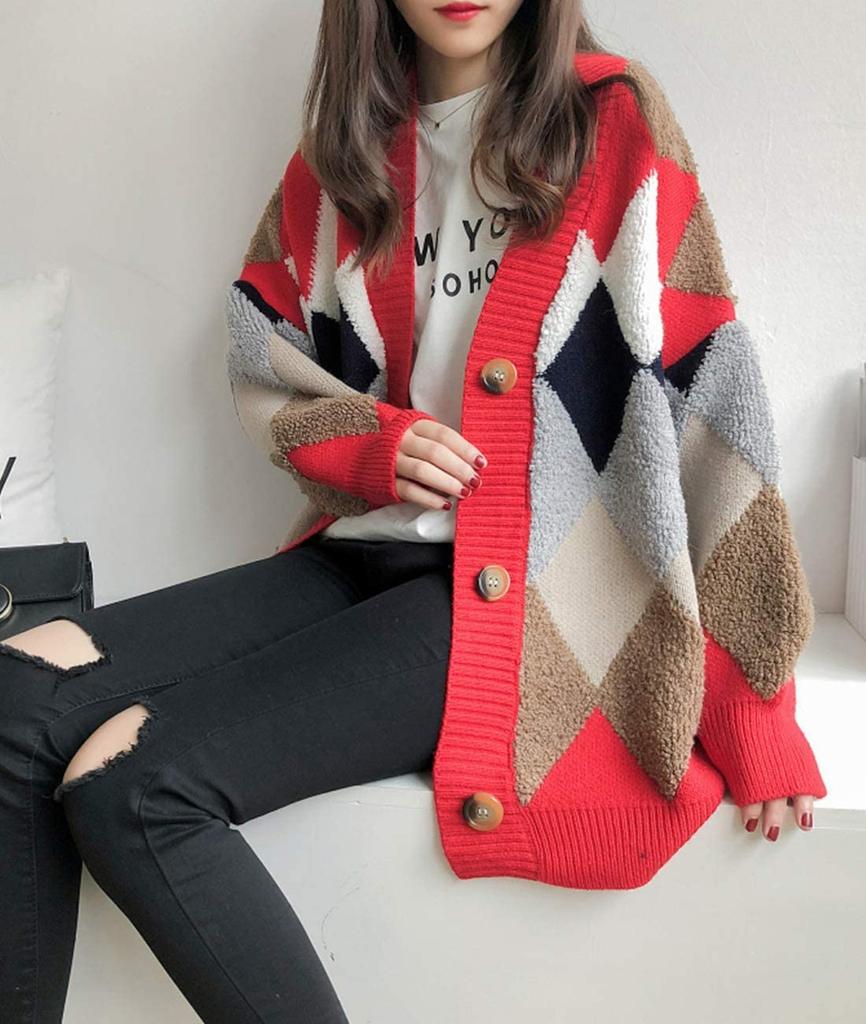 Анри Пушистый Аргайл Толстый Теплый и Один Размер Подходит Корейский Короткий Длинный Длинный Рукав Взрослый Пуховик Легкий Боа Длинный Школьный Кардиган, Верхняя одежда,