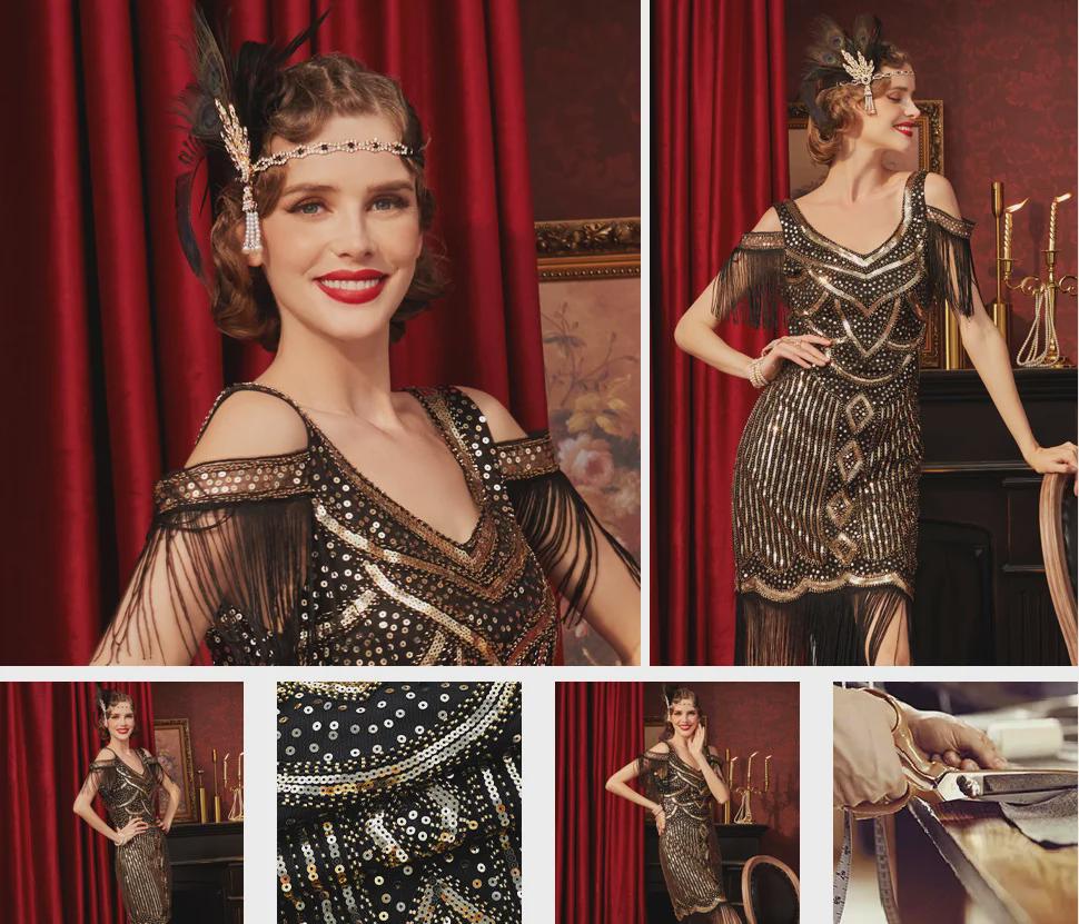 Retro Gatsby 1920s Sequin Tassel Evening Dress, Sizes XS-4XL