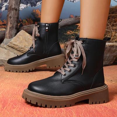 Осень Зима Короткие Плюшевые Ботильоны Женская Мода На Шнуровке Искусственная Кожа Ботинки на Платформе Женские Толстая Подошва Мотоциклетные Боты Женские 42