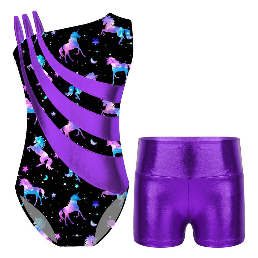 Детские гимнастические купальники без рукавов с асимметричными бретелями и шортами для девочек, спортивные танцевальные велосипедки