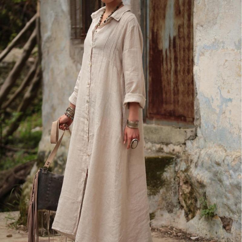 Plus Size Spring and Autumn Women's Dress Solid Colour Standing Collar Long Sleeve Temperament Elegant Simple Loose Fashion Long Cotton Linen Dresses