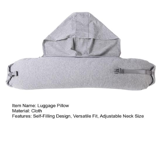 Luggage Pillow Self-Filling Travel Neck Pillow with Adjustable Size Shoulder Straps Refillable Hooded Design Packing Pillow Portable Travel Accessory