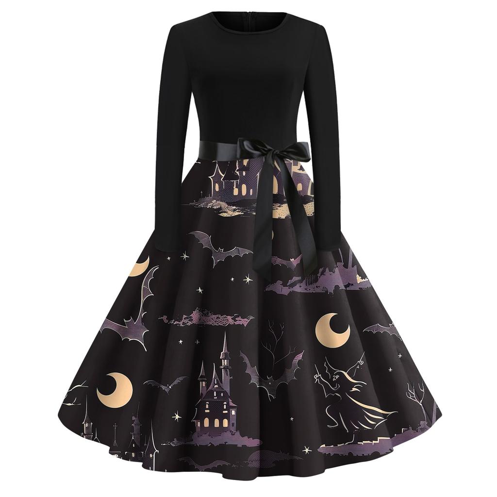 Платье-клеш с принтом на Хэллоуин для женщин с длинным рукавом, повседневные платья с круглым вырезом и ажурной отделкой