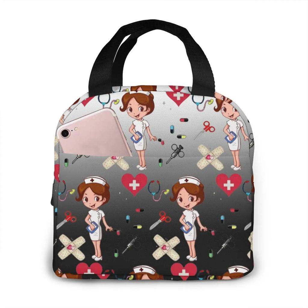 Travel Nurse Bag Insulated Lunch Bags Women Cartoon Nurse Print Food Case Cooler Warm Bento Box for Kids Lunch Box Picnic Bag