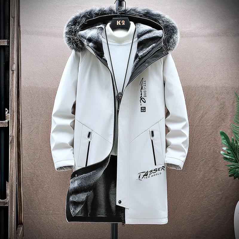 Men's Winter Fleece-Lined Hooded Mid-Length Printed Cotton Coat - Trendy & Warm Casual Jacket