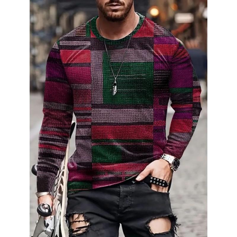 Trendy Retro Contrast Color Fabric Series 3D Printing Summer Round Neck Casual Long-sleeved T-shirt Fashionable Men's Clothing