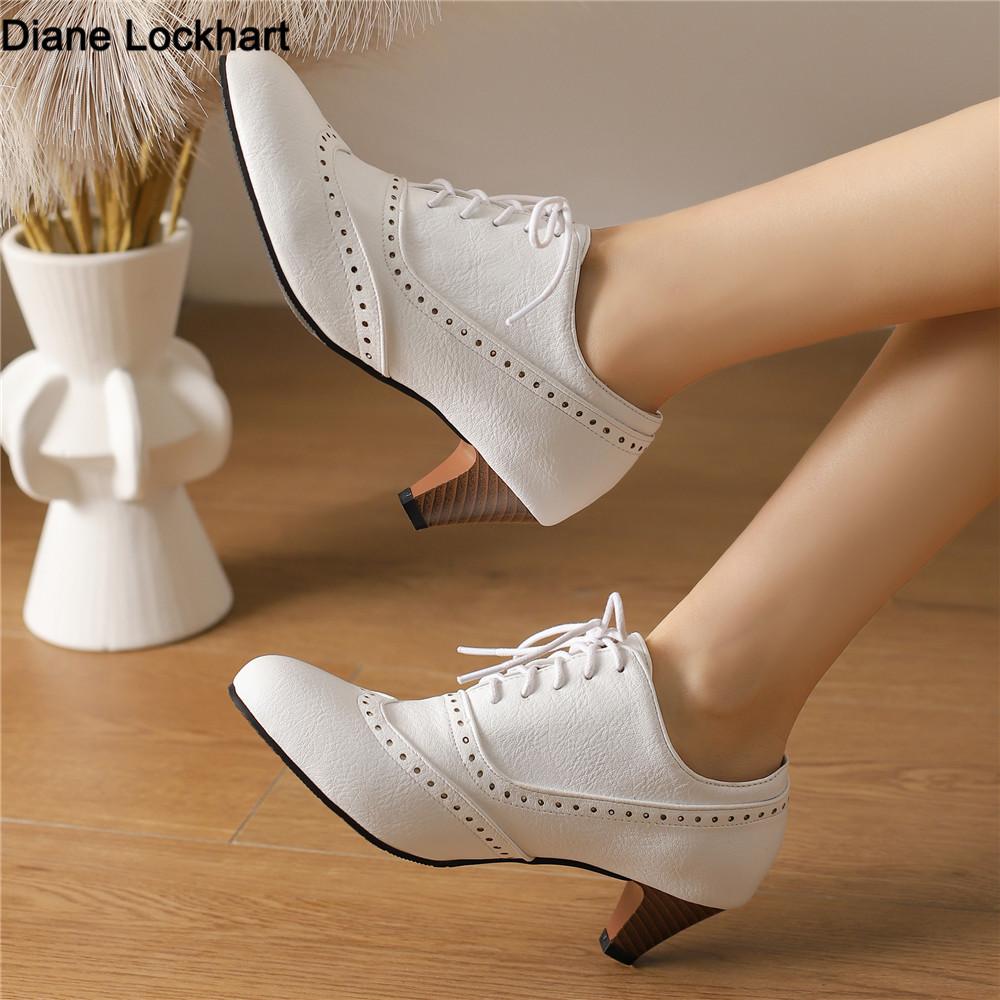 Fashion Retro Oxford Pumps Spring and Autumn New Style Fashion Cross Lace Up High Heels Single Shoes Round Head Lefu Shoes High Heels Si