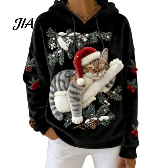Christmas Party Outfit Women Cat Print Hoodie, Oversized Long Sleeve Pullover Sweatshirt, Daily Wear Sweatshirt Casual Loose Drawstring Hooded Top for