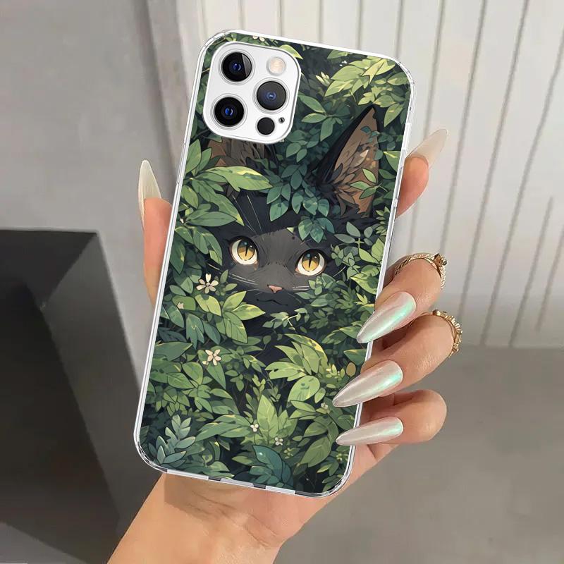Аниме Милый Черный Кот Мяу Чехол для Телефона для Iphone 17 Air 16 15 Plus 14 13 Mini 12 11 Pro Max 16E 7 8 SE 2020 Мягкий Funda Печать Shel