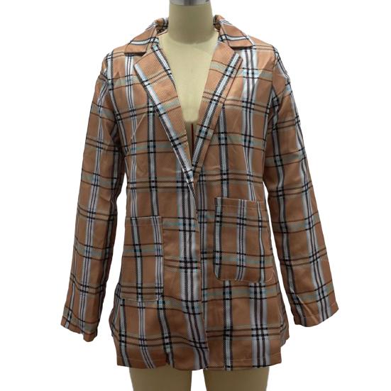 Женский пиджак с лацканами, длинный рукав, открытый спереди, пиджак с карманами, клетчатый принт, приталенный повседневный деловой пиджак