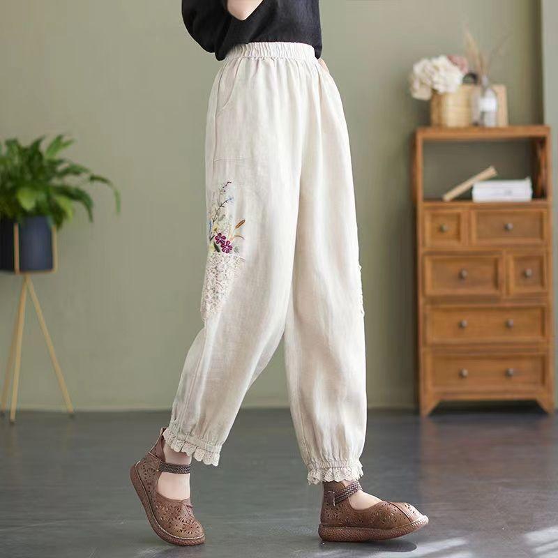 Весенние и летние женские укороченные брюки-шаровары летние свободные кружевные вышитые брюки-фонарики