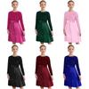 Girls Christmas Glittery Sequin Party Gown Round Collar Long Sleeve High Waist Knee Length Belted Pleated Formal Event Dress