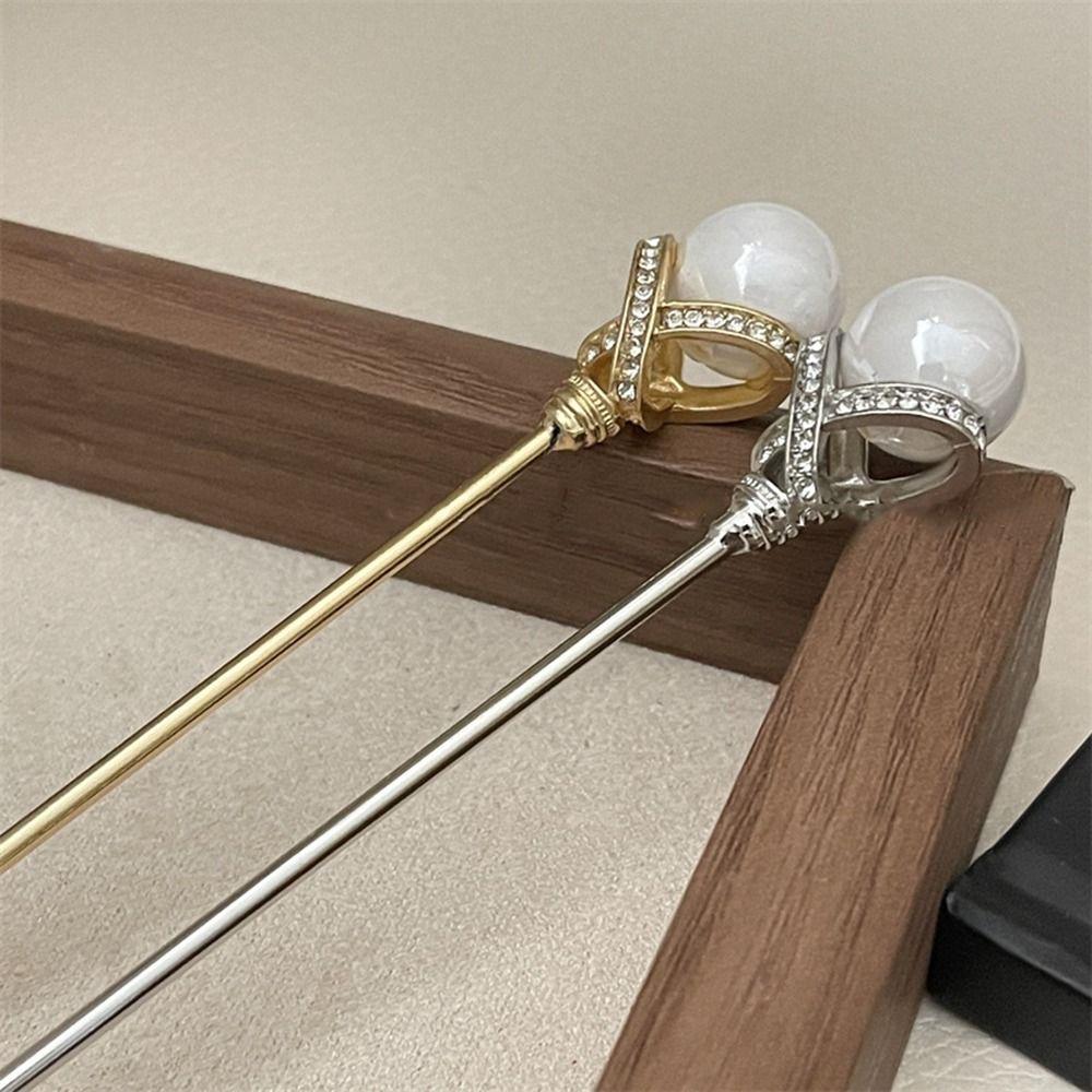 Silver Rhinestone Hair Stick Metal Pearl Hairpin Classical   Hairstyle Design Tool