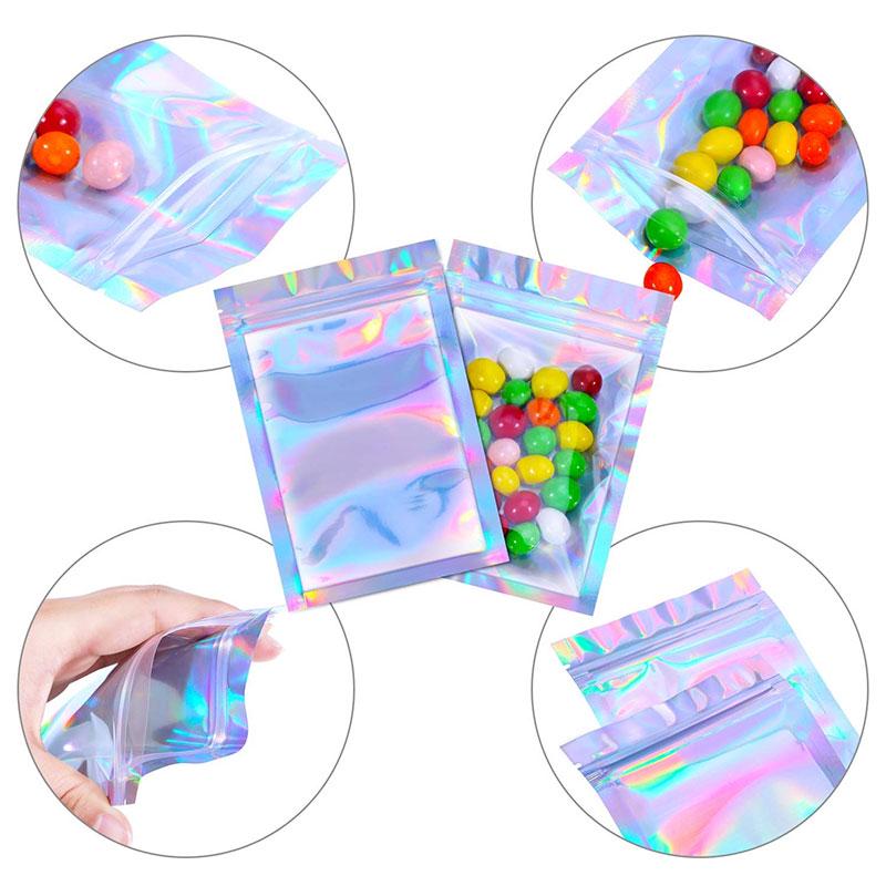 20pcs Holographic Flat Foil Bags Laser Mini Aluminum Zip Lock Plastic Bag Resealable Smell Proof Bags for Favor Food Storage Gift Package Supplies
