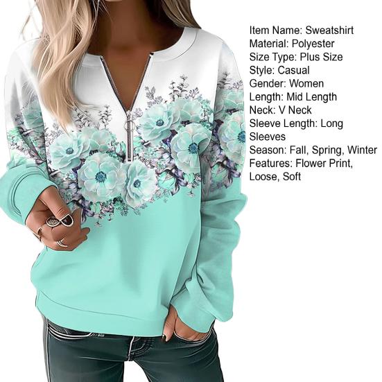 Женский осенне-весенний свитер с цветочным принтом, v-образный вырез, молния, декор, пуловер с длинными рукавами, мягкий повседневный толстый эластичный манжет, женский топ, блузка