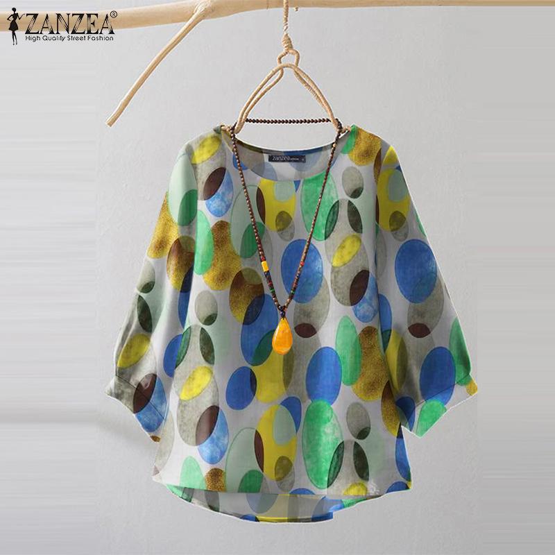 ZANZEA Women Round Neck 3/4 Sleeve Casual Print Blouse