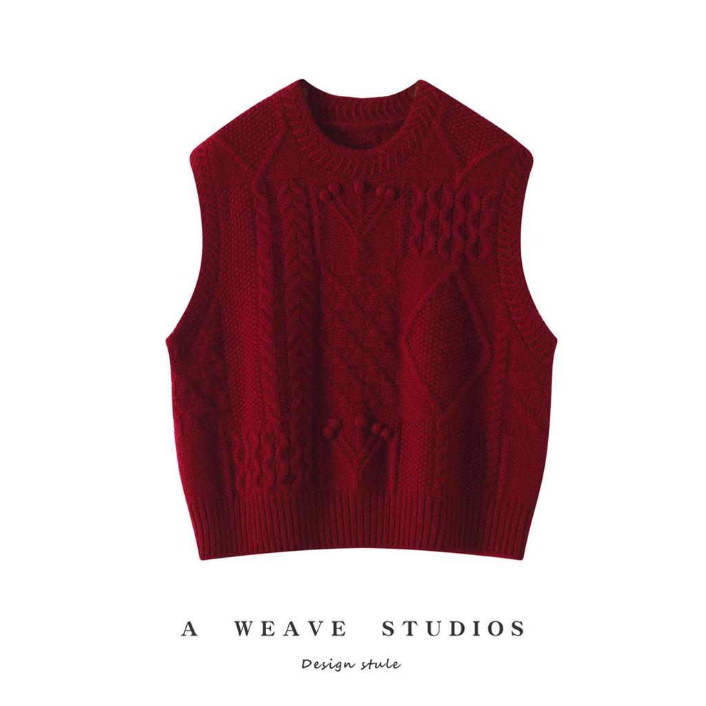 Solid Color Cable Knit Sleeveless Vest - Round Neck, Three-Needle Six-Strand Design, Perfect for Layering in Autumn and Winter