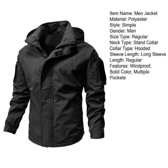 Men Casual Jacket Hooded Long Sleeve Windproof Jacket Multiple Pockets Full Zipper Closure Fastener Tape Trench Coat