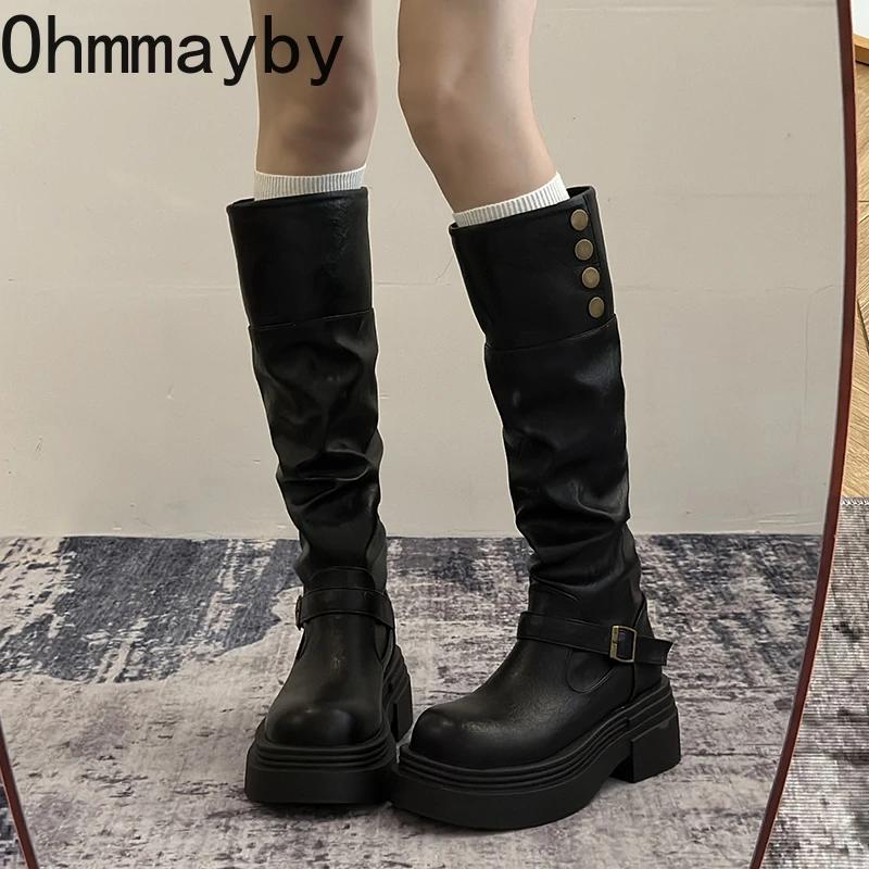 Thick Heel Women Knee High Boots Fashion Slip On Shoes Autumn Winter Laides Concise Knight Long Botas De Mujer