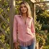 Long Sleeve Blouses Women Tassel Shirt for Autumn, Button Down Slim Fit Fringe Casual Tops Blouse, Solid Color Top, Western Cowgirl Outfit Blouse