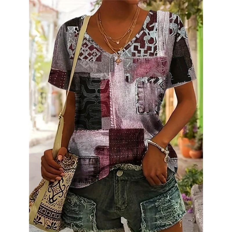 Модная повседневная женская одежда с красочными узорами 3D-принт Футболка с V-образным вырезом Свободная женская футболка с коротким рукавом