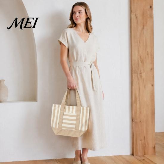 Tote Bag Striped Canvas Bag, Stylish Reusable Grocery with Reinforced Shoulder Strap Front Pocket, for Shopping Picnic Commuting Durable