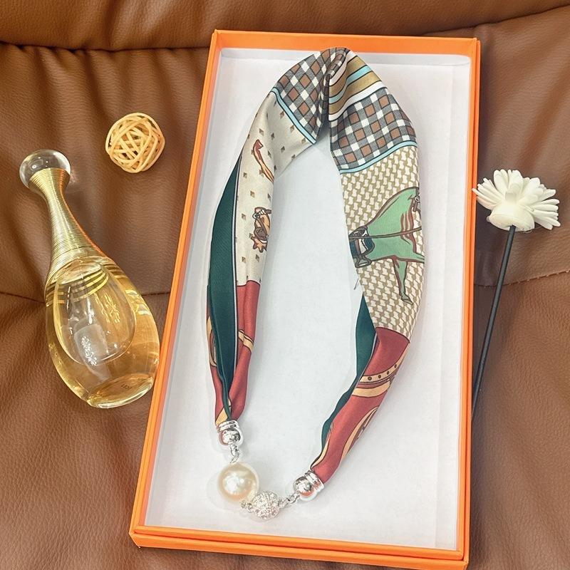 Silk Scarf Women's Spring, Autumn and Summer New Fashion Neck Protection Decoration Long Necklace Type Magnetic Buckle Scarf Small Scarf