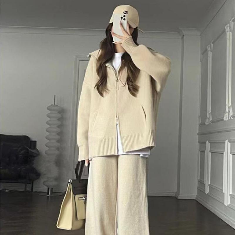 Milky Knit Sweater & Wide-Leg Pants Two-Piece Suit - Fashionable and Casual for Autumn/Winter 2024