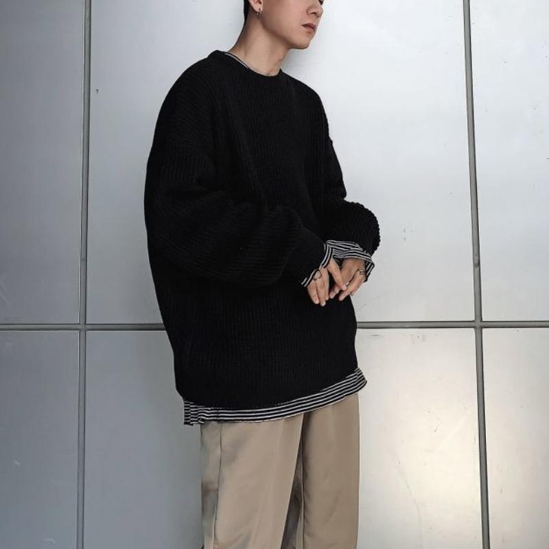 Мужские осенне-зимние свитера с круглым вырезом, винтажные топы в стиле Харадзюку, модные однотонные пуловеры, уличная одежда