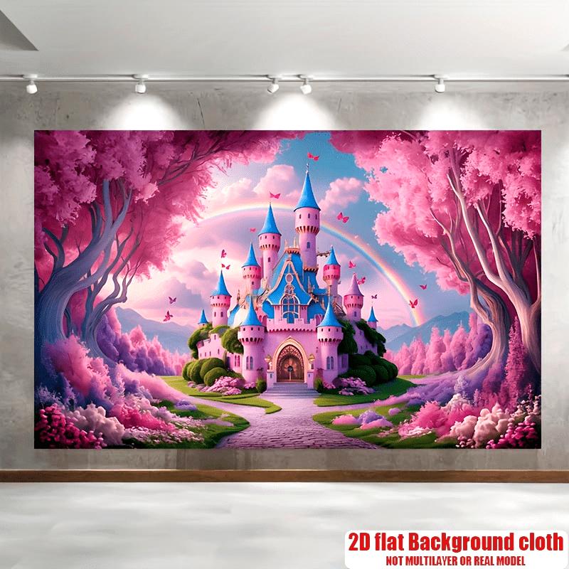 A flag decoration featuring a princess castle pattern, which is perfect for use as a photo backdrop.