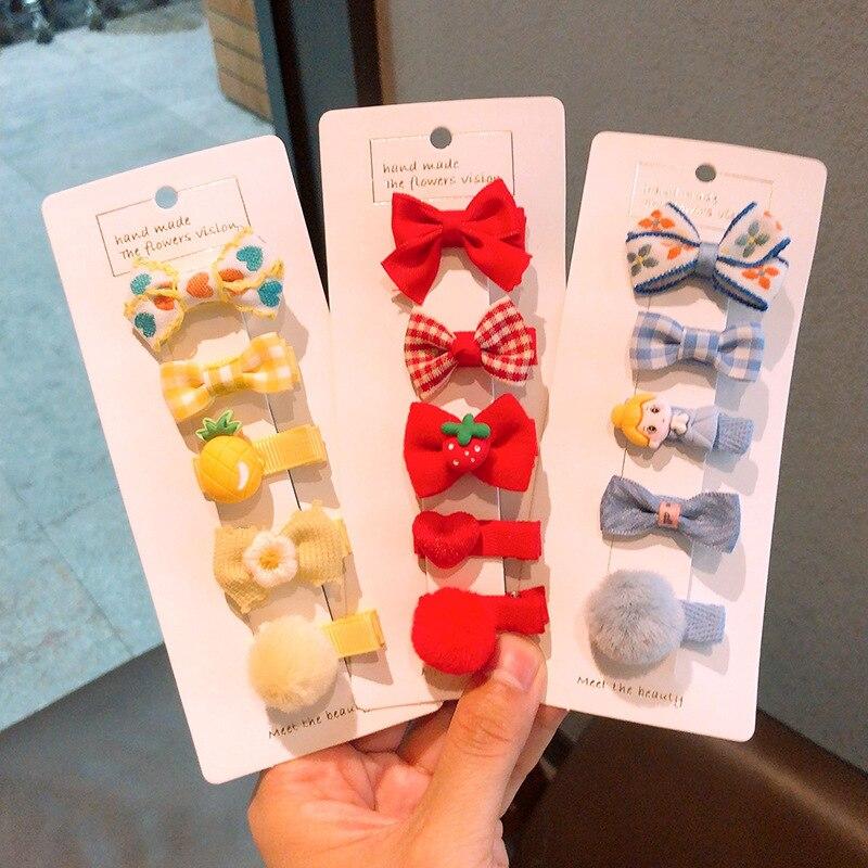 5 шт./компл., милая корейская заколка для волос для маленьких девочек, бант, плюшевый шарик, милая заколка для волос для маленьких девочек, тканевые аксессуары для волос с боковой челкой