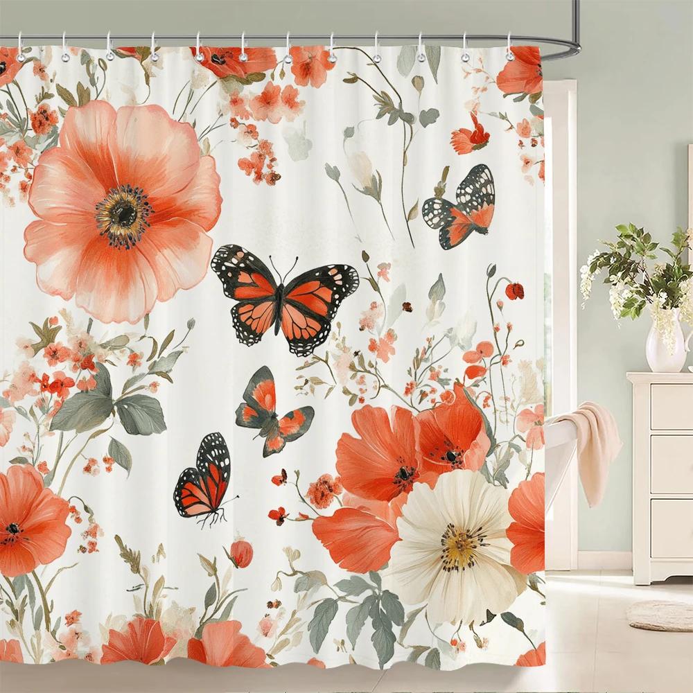 Watercolor Flowers, Leaves And Butterflies Shower Curtain Floral Printed Bathroom Bath Curtain Home Decor Curtain With Hooks