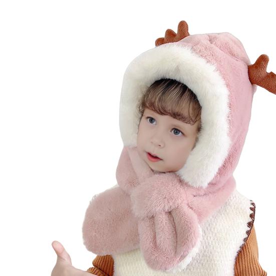 Детская шапка с дизайном шарфа, украшение в виде рогов, утолщенная теплая плюшевая зимняя шапка, ветрозащитная, для ношения на открытом воздухе зимой