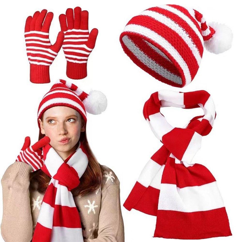 2/3Pcs Set Christmas Knitted Gloves Soft Xmas Gifts New Year Gift Santa Cap  for Men Women